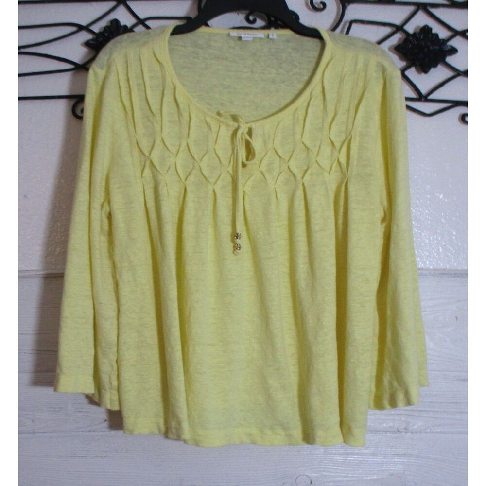 Chico's Women's Linen Knit Top Size 2 US L Long Sleeve Yellow Round Neck